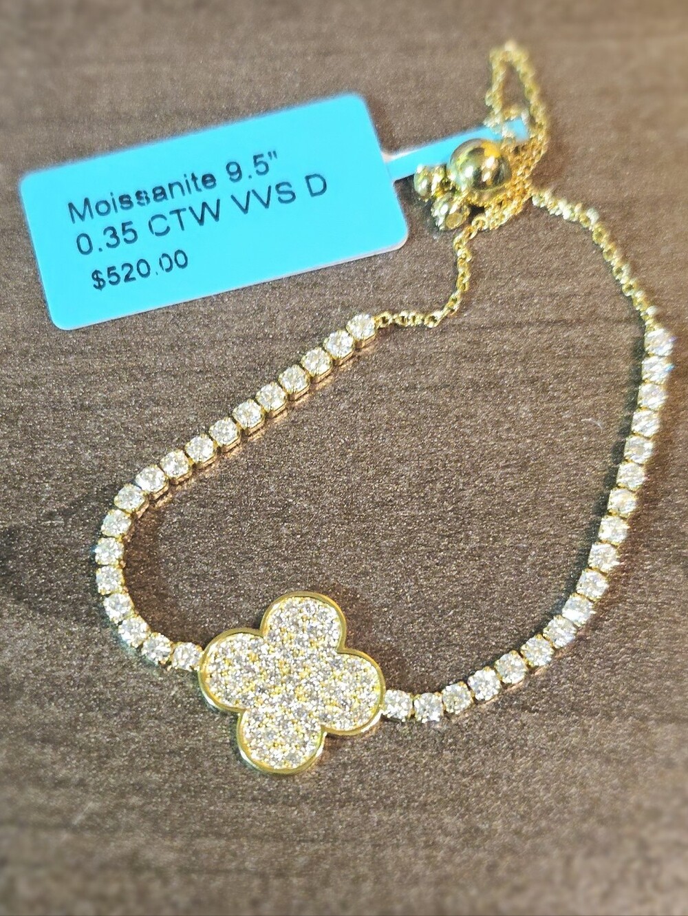 9.5" 0.35 Moissanite Four-Leaf Clover Adjustable Tennis Bolo Bracelet